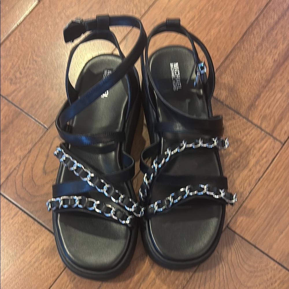 Black Strappy Sandals with Chain Detail